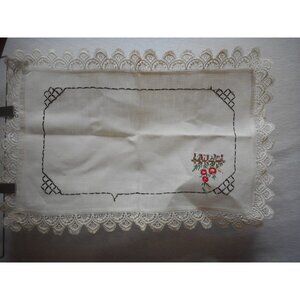 Vintage red black floral handmade embroidered  Lace Dresser scarf runner